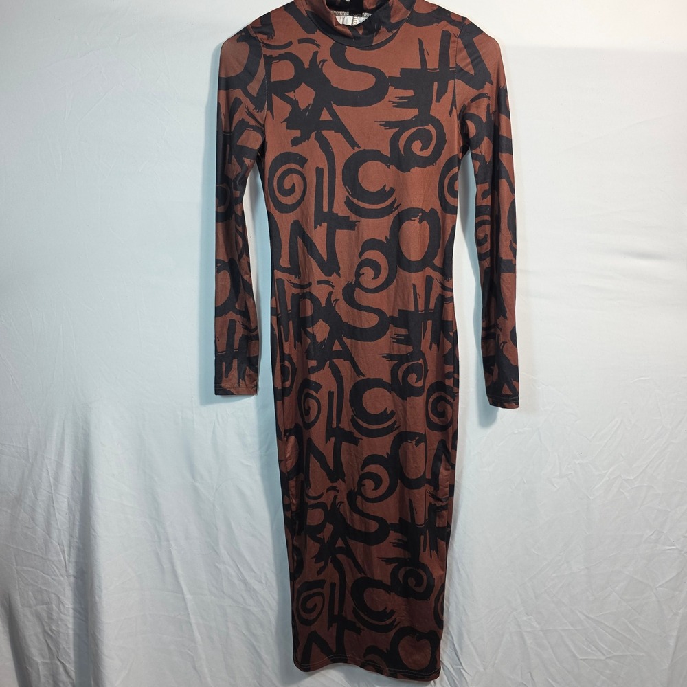 SHEIN Womens Brown Black Graffiti Print Mock Neck Long Sleeve Bodycon Midi Dress